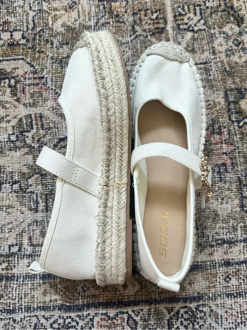Women’s Cream Mary Jane Espadrille Flats with Gold Buckle